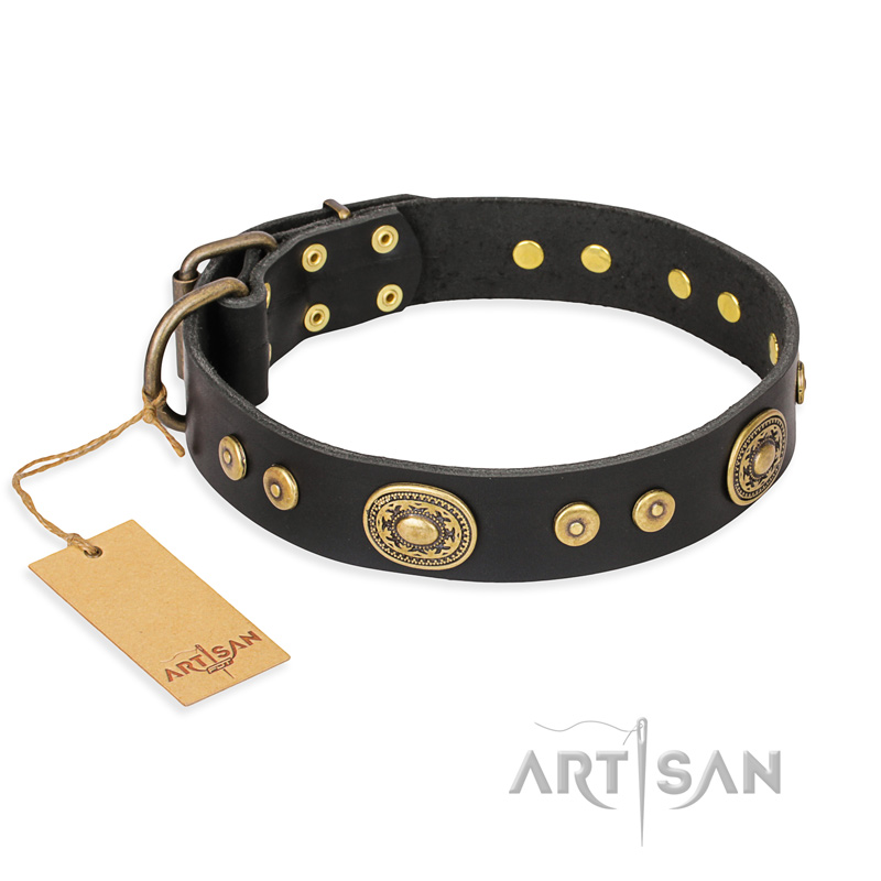 "Golden Radiance" FDT Artisan Black Leather Bullmastiff Collar with Old Bronze Look Ovals and Circles