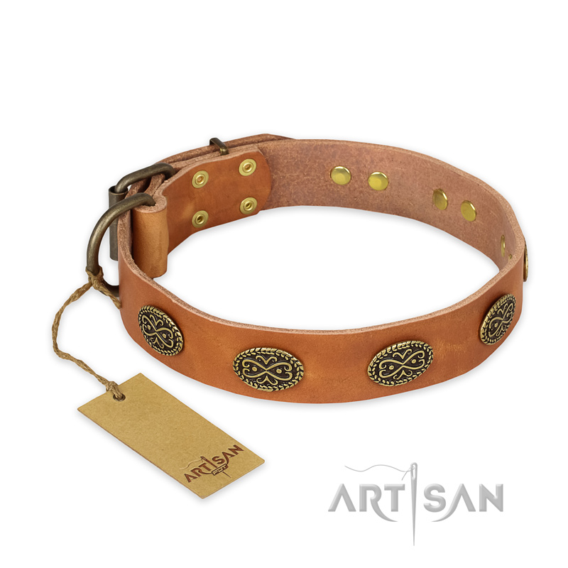 "Magic Amulet" FDT Artisan Tan Leather Bullmastiff Collar with Oval Studs - Click Image to Close