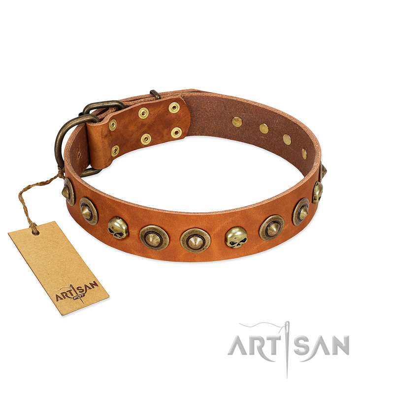 "Prez of the Pack" FDT Artisan Tan Leather Bullmastiff Collar with Skulls and Brooches