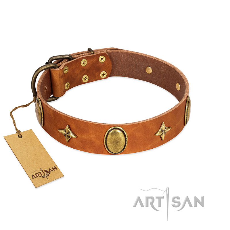 "Space Warrior" FDT Artisan Tan Leather Bullmastiff Collar with Ovals and Stars