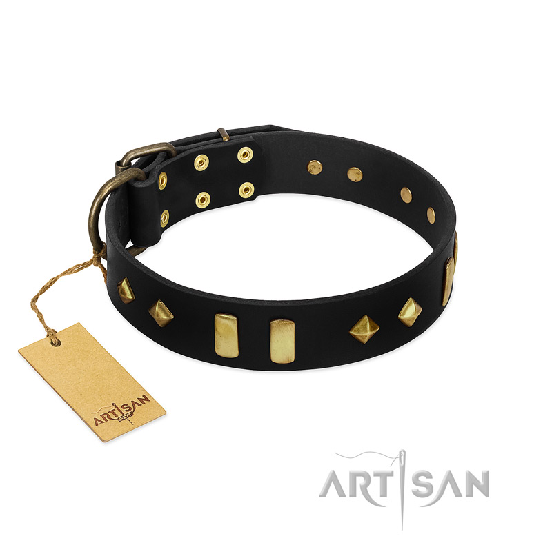 "De Luxe" FDT Artisan Black Leather Bullmastiff Collar with Old Bronze-like Plates and Studs