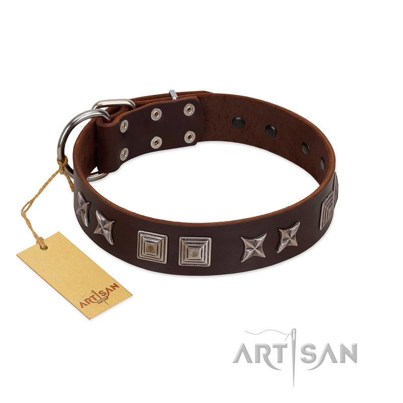 "Needle Stories" Modern FDT Artisan Brown Leather Bullmastiff Collar with Square Engraved Plates and Four-Point Stars