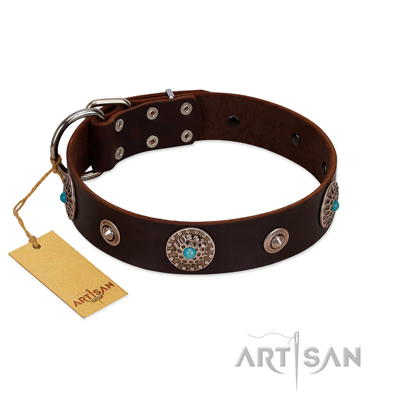"Magic Stones" FDT Artisan Brown Leather Bullmastiff Collar with Chrome Plated Brooches and Studs - Click Image to Close