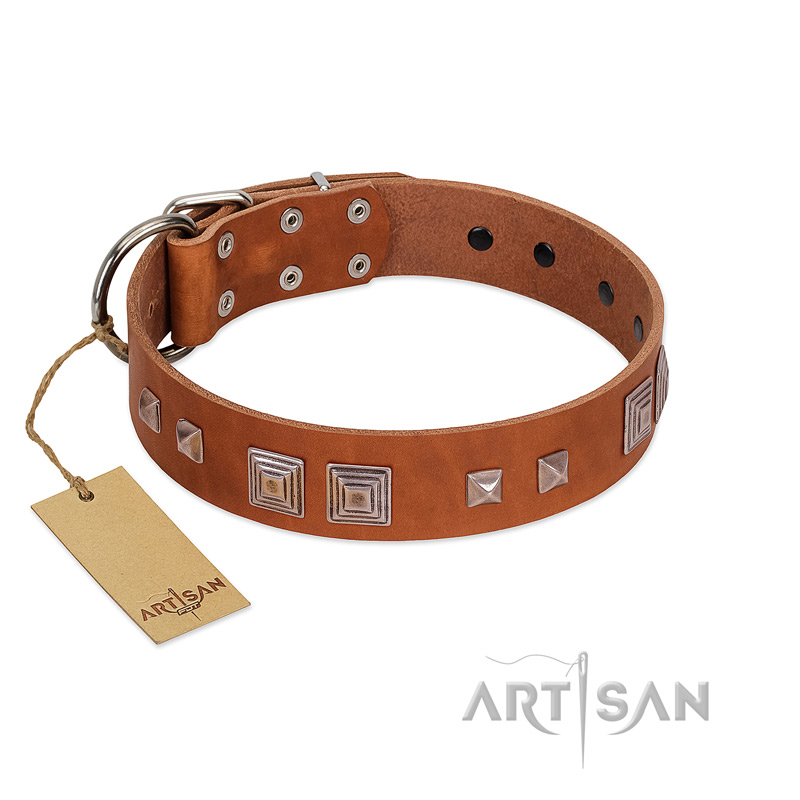 "Egyptian Gifts" Handmade FDT Artisan Tan Leather Bullmastiff Collar with Chrome-plated Pyramids
