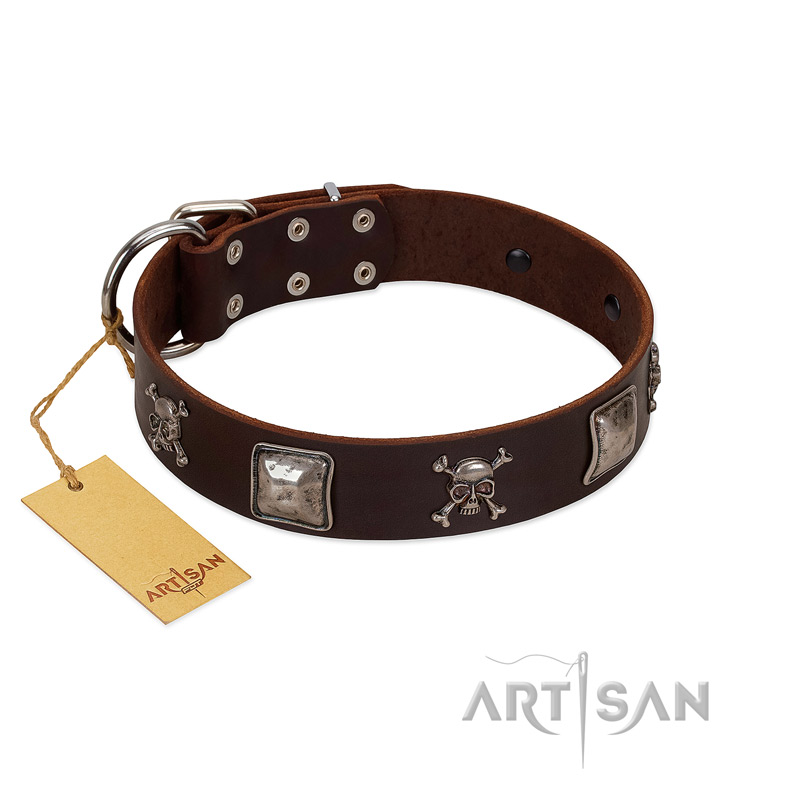 "Nut-Brown Finery" Embellished FDT Artisan Brown Leather Bullmastiff Collar with Chrome Plated Crossbones and Plates - Click Image to Close