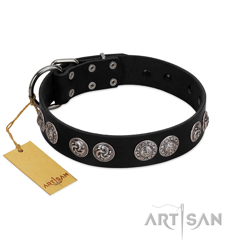 "Magic Amulete" Handcrafted FDT Artisan Black Leather Bullmastiff Collar with Chrome-Plated Shields