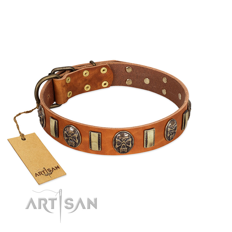 "Strike of Rock" FDT Artisan Tan Leather Bullmastiff Collar with Plates and Medallions with Skulls - Click Image to Close