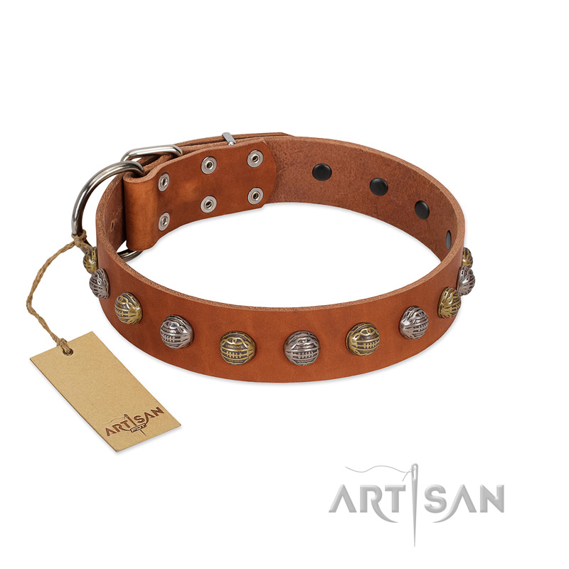 "Dogue-Vogue" FDT Artisan Tan Leather Bullmastiff Collar with Engraved Chrome-plated Studs
