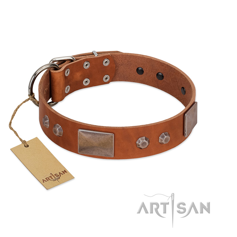 "Great Obelisk" Handcrafted FDT Artisan Tan Leather Bullmastiff Collar with Large Plates and Pyramids